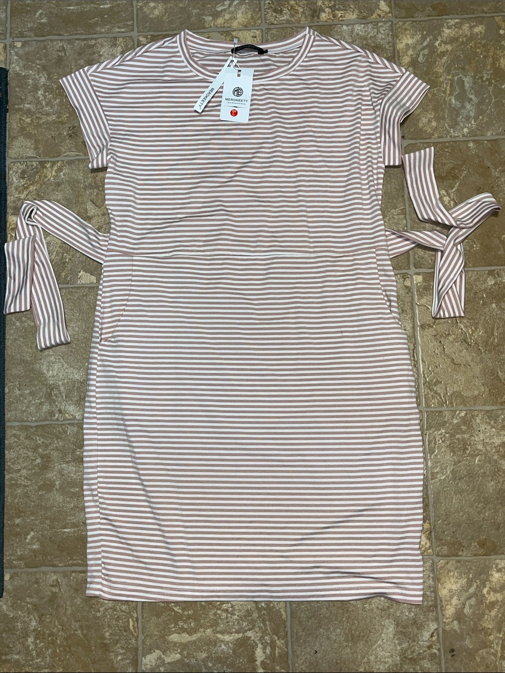 NWT Merokeety Striped Tie-Waist Midi Dress in Blush and White